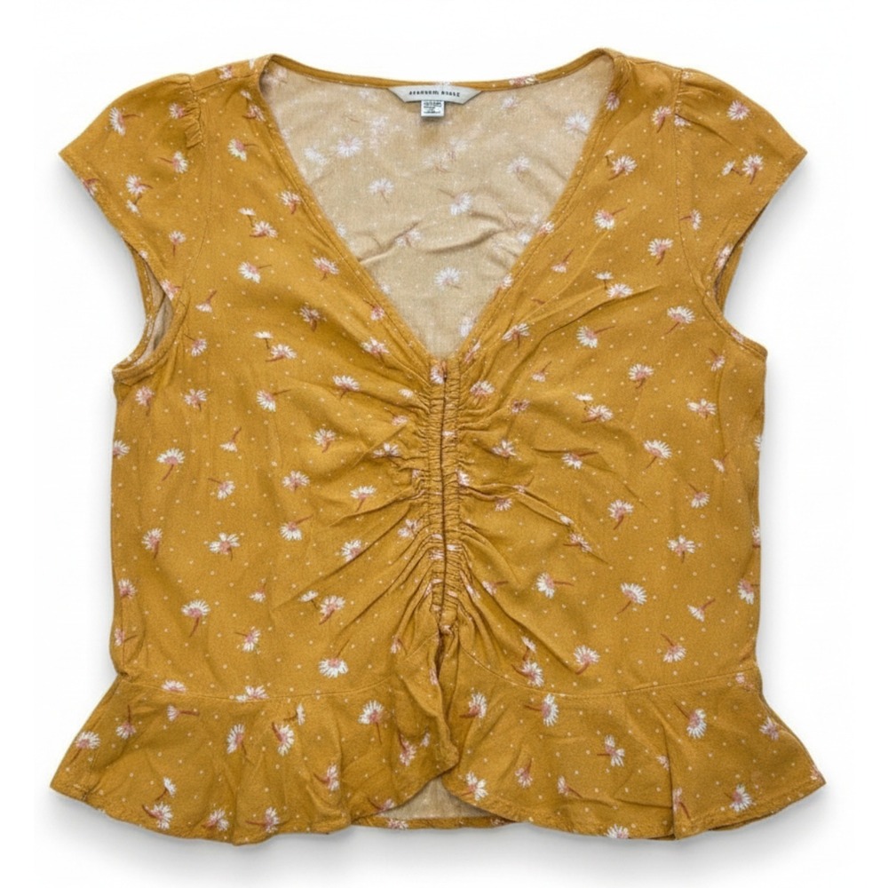 American Eagle Yellow Floral Polka Dot Ruched Peplum Blouse Top XS